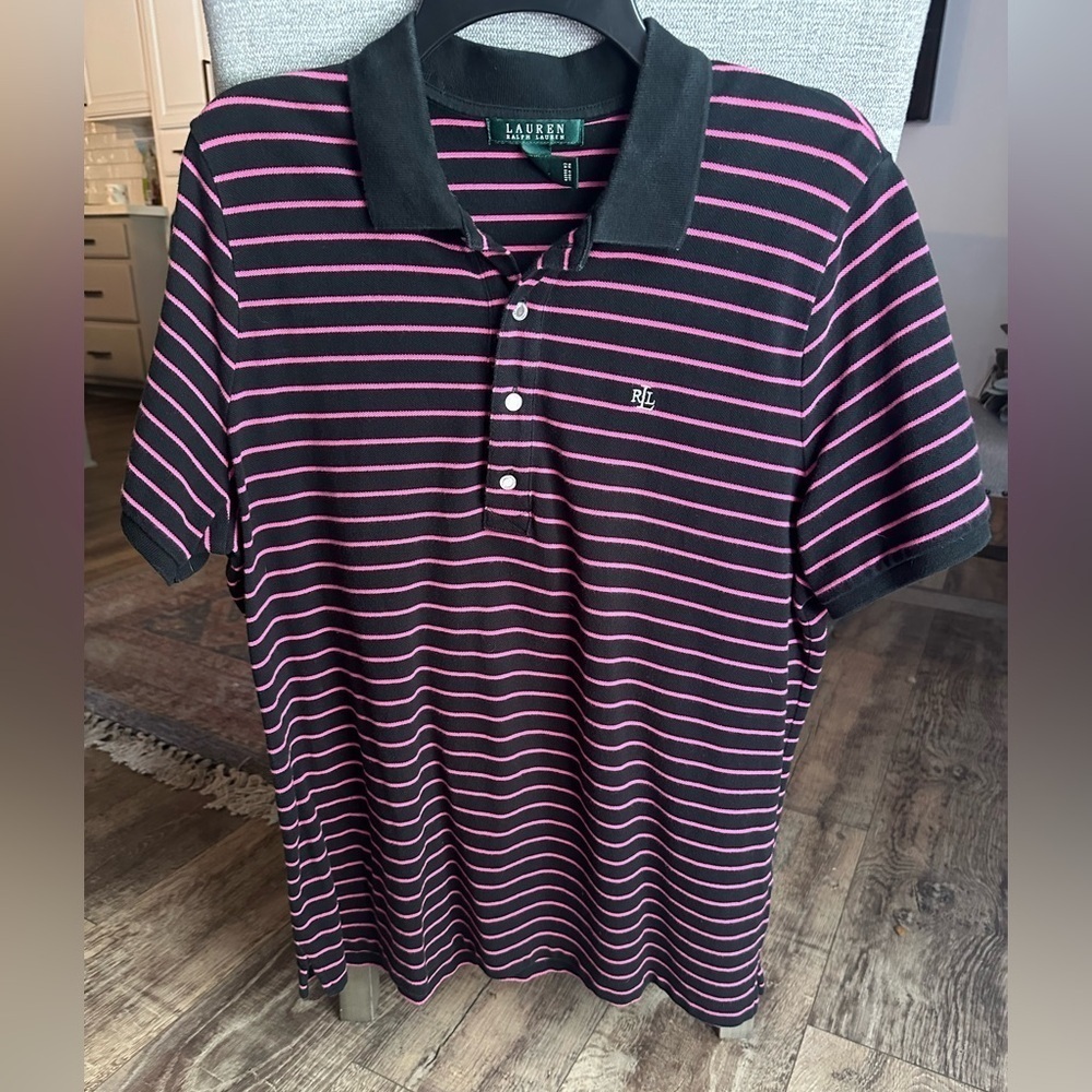 Lauren Ralph Lauren Black Pink Striped Polo Shirt Women’s 1XL Short Sleeve